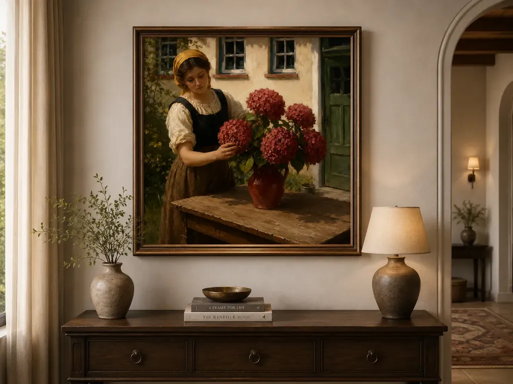 Girl with Hydrangeas Vintage Cottage Garden Wall Art – Rustic Floral Digital Print
