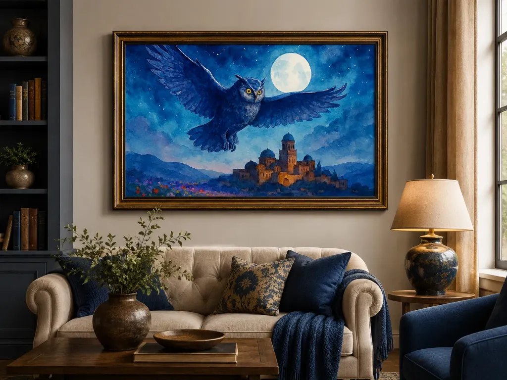 Moonlit Owl Guardian – Fantasy Watercolor Wall Art