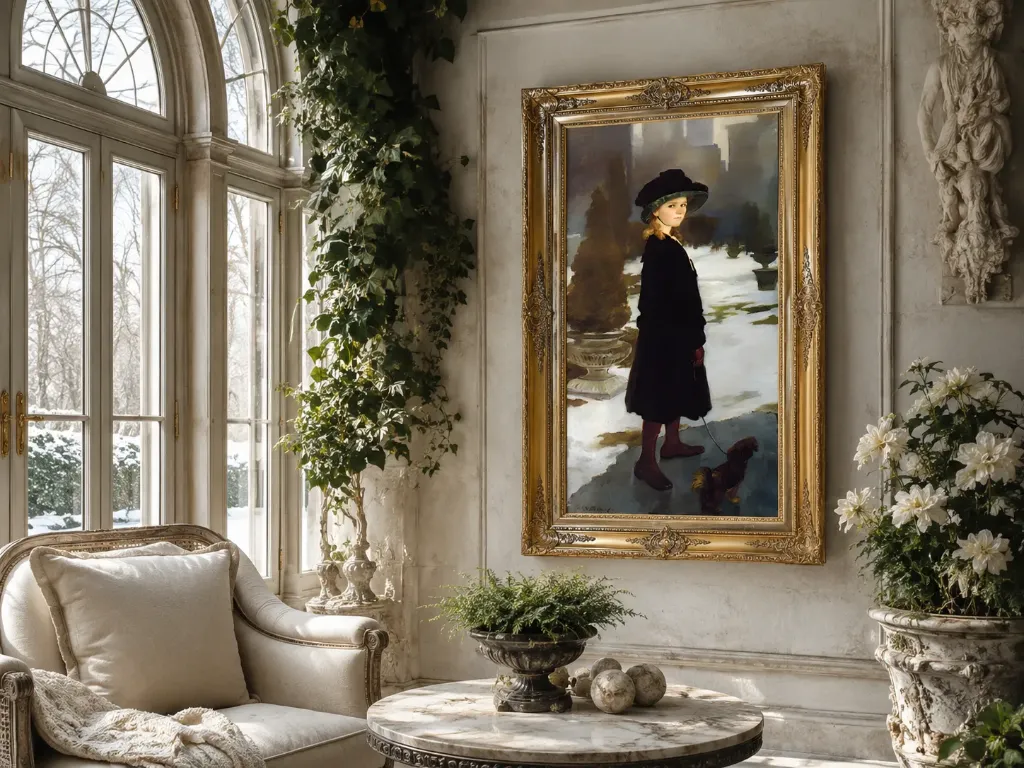 Girl with Dog in a Winter Garden – Restored Vintage Fine Art Print