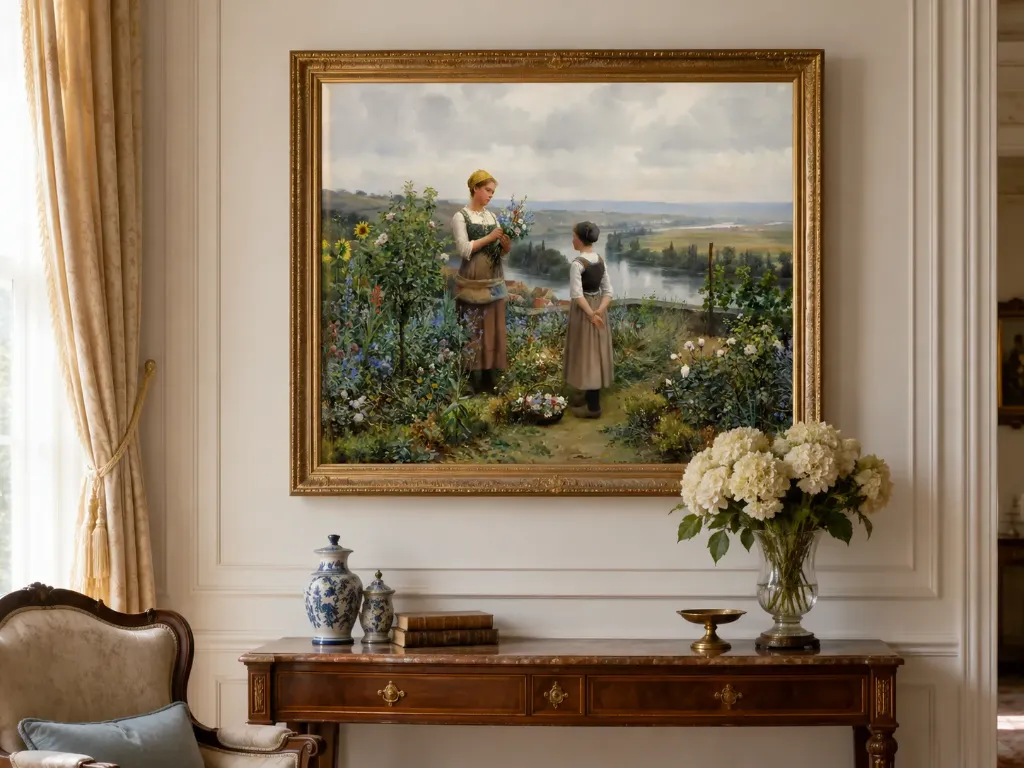 mokap Girls Gathering Wildflowers by the River – 16K Restored Classic Pastoral Art Print